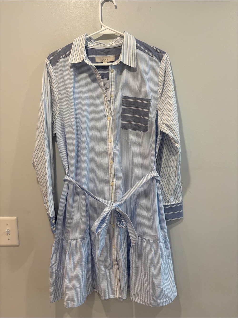 LOFT Light and Dark Blue Striped Shirt Dress with Waist Tie ptp 20 length 38